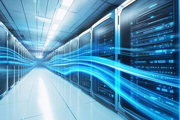 Futuristic data center illuminated with blue energy streams Generative AI