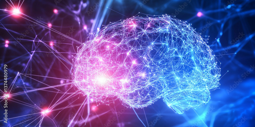 Poster Neural network brain visualization with colorful lights Generative AI