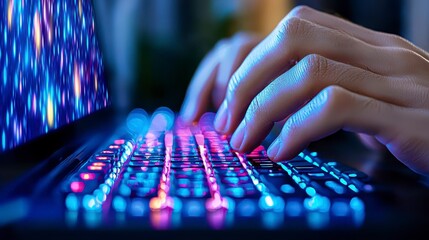 Close-up View of Hands Typing on a Laptop with Vibrant Pink and Blue Backlighting and a Colorful Abstract Digital Screen Background Illuminated