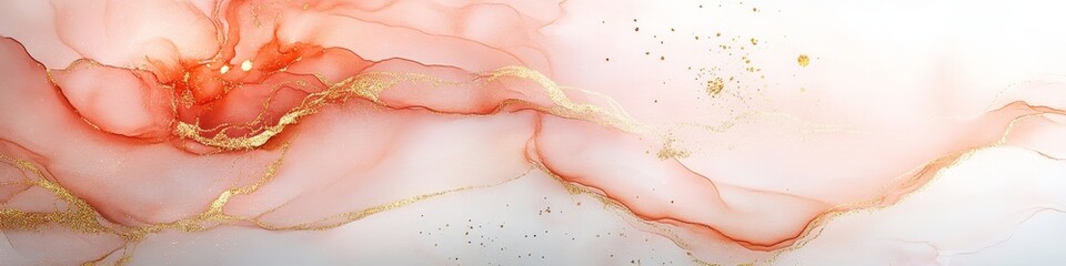 Abstract Liquid Marble Background, Alcohol Ink Technique. Golden Swirls And Pastel Rose Colors