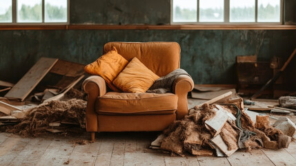 An unkempt room showcasing an old, orange sofa lost amidst piles of debris, reflecting neglect and a sense of history and memories in an abandoned domestic environment.