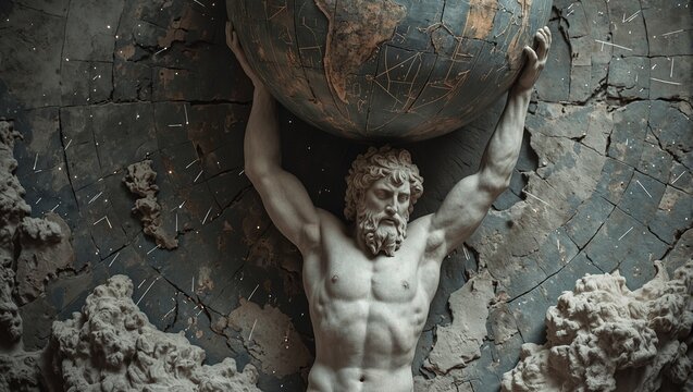  Majestic Greek titan Atlas holds a celestial globe with zodiac signs muscles chiseled in marble surrounded by shooting stars