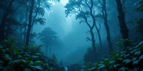 Obraz premium Blue and Green Tones Dominate This Atmospheric Rainforest Scene, Creating a Calm and Enigmatic Feel