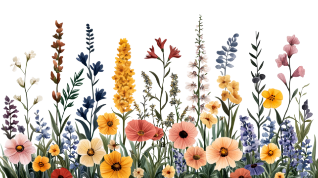 Watercolor wildflowers illustration on a black background, cut out transparent