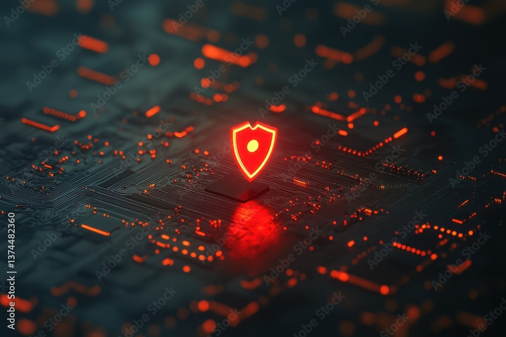 Poster this photo shows a computer chip with a red shield glowing on its surface a map pin protected by a d