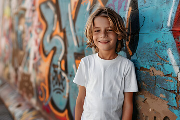 Fototapeta premium A smiling boy wearing a plain white t-shirt, standing in a street scene