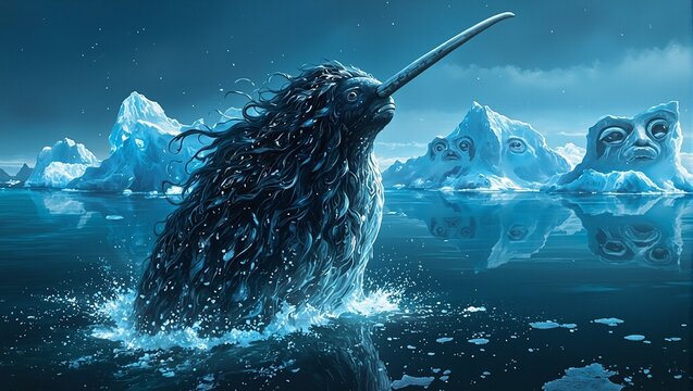 Experience the mystical Inuit sea goddess emerging from icy waters adorned with narwhal tusk fingers bioluminescent hair and spirit filled icebergs