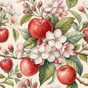 Seamless pattern of apple tree branch with flowers and fruits, painted with watercolors in red, white and green tones, symbolizes spring and nature.