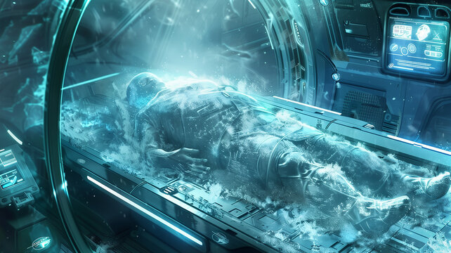 This human is suspended in cryogenic hibernation in a high-tech space exploration chamber.