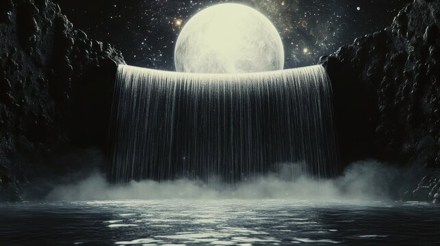 Majestic moonlit waterfall cascading into a serene lake.  Misty, dark, rocky mountains frame the scene under a brilliant full moon