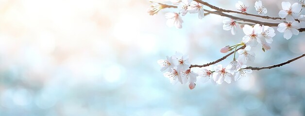 Naklejka premium Cherry blossoms bloom in spring sunlight creating a serene and picturesque atmosphere in a tranquil park setting