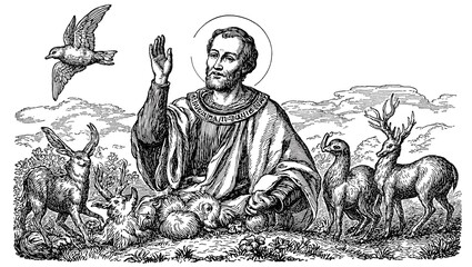 A classic woodcut of Saint Francis surrounded by animals emanating compassion and peace in a timeless black and white style
