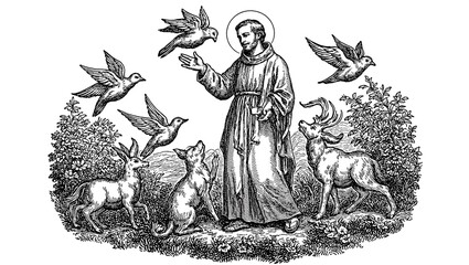 A classic woodcut of Saint Francis surrounded by animals emanating compassion and peace in a timeless black and white style