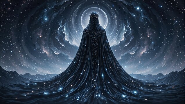 Stunning depiction of Nyx goddess of night cloaked in a celestial robe amidst a cosmic backdrop Perfect for mystical designs