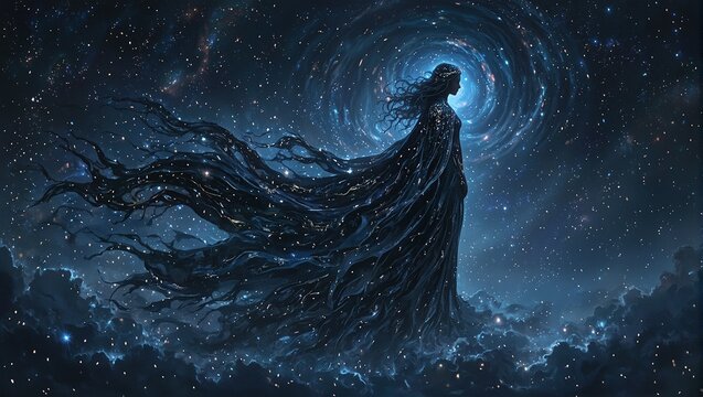 Stunning depiction of Nyx goddess of night cloaked in a celestial robe amidst a cosmic backdrop Perfect for mystical designs
