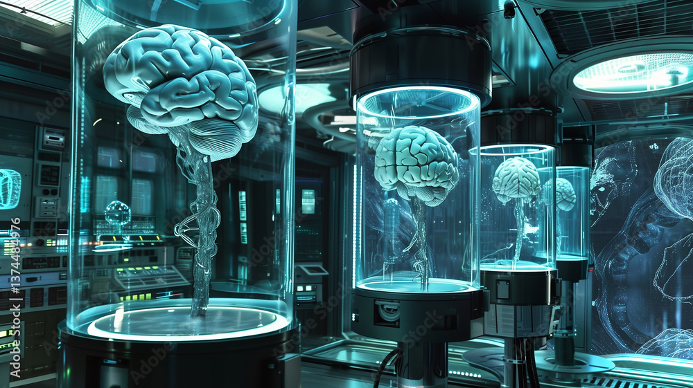 Poster this advanced lab showcases cryogenically preserved brains, highlighting future biotech and explorat