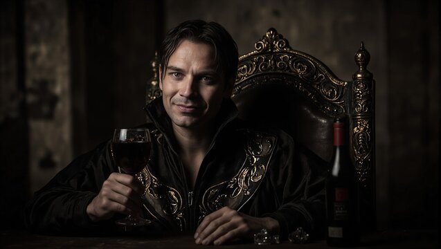 Dark and striking portrait of Vlad the Impaler seated in a castle with a goblet of wine exuding a sinister aura