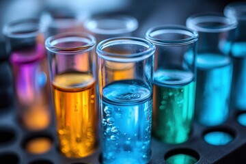 Vibrant Liquids in Laboratory: A close-up captures colorful liquids swirling within glass test tubes arranged in a scientific setting, illuminating the intricacies of scientific investigation.