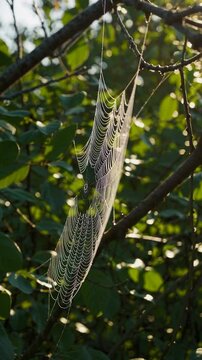 A delicate spider web displays intricate patterns while catching sunlight, surrounded by vibrant green leaves in a peaceful forest environment