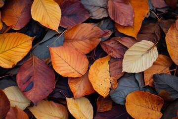 Fallen Autumn Leaves Displaying Vibrant Colors on Forest Floor Closeup