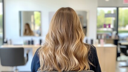 Blonde woman getting hair done in salon with blurred background of stylists