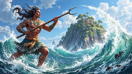 Experience the power of Maui the Polynesian hero raising an island with his enchanted fishing hook amidst fierce waves and swirling winds