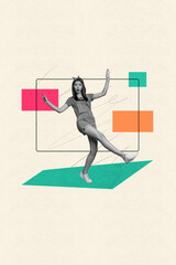 Creative artwork collage of young girl moving on pastel color background with shape