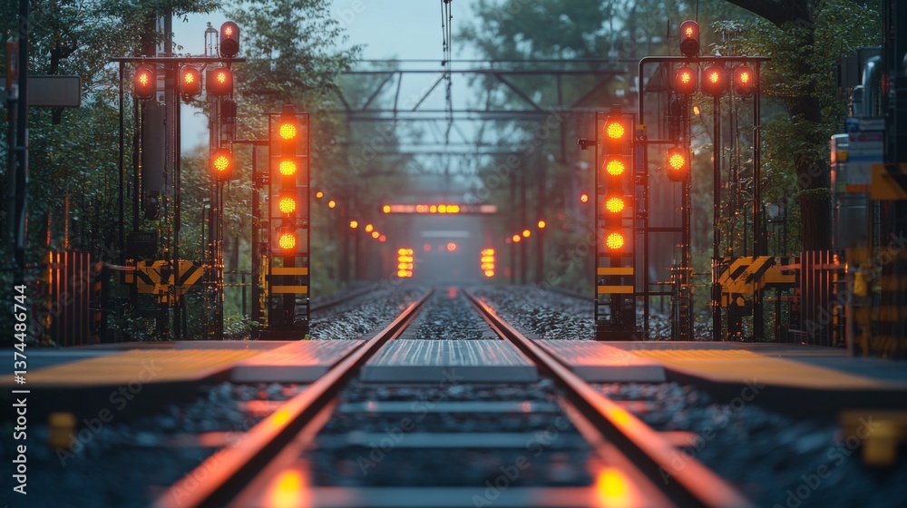 Aufkleber A railway checkpoint features a series of illuminated signal lights guiding trains through a foggy environment. Surveillance systems are positioned along the tracks for enhanced security.