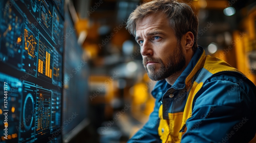 Poster A logistics expert reviews critical inventory information on a high tech display within a busy warehouse environment focused on efficient distribution and shipping operations.