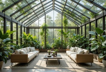  Bright Green A conservatory style living room with glass walls showcasing a lush interior garden.