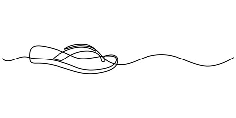 Flip flops continuous one line drawing, single line art element, minimalist sketch line vector illustration, summer travel holiday concept. Continuous one line drawing of slippers for beach. Summer. 