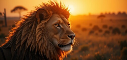  Hyperrealistic Lion Portrait Against a Blurry Savanna Backdrop at Dusk