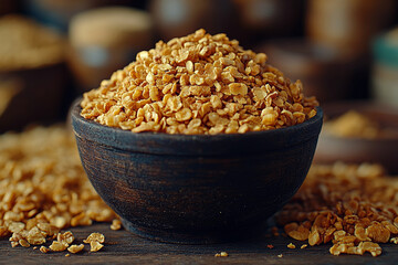 Golden mealworm protein flakes in rustic wooden bowl on wooden surface, close-up showing sustainable alternative protein ingredient