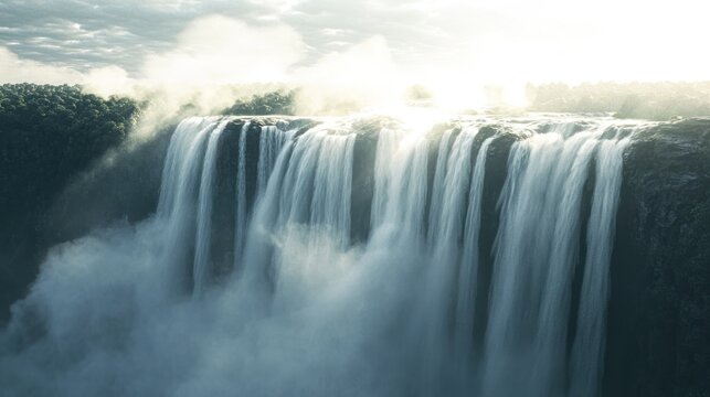 Majestic waterfall cascading over a cliff face, bathed in sunrise light.  A breathtaking display of nature's power