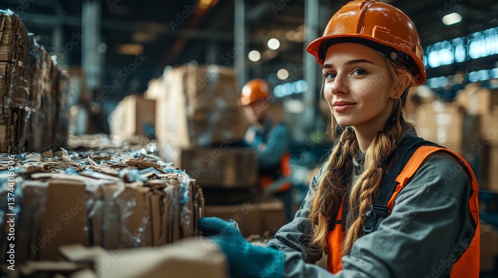 Fototapete employees are actively sorting and packing materials in a busy logistics warehouse, emphasizing recy
