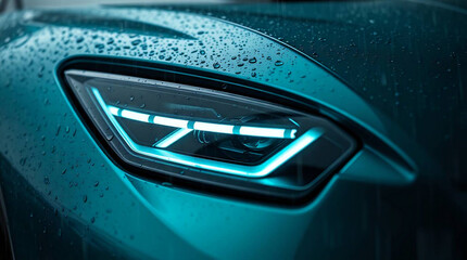 Futuristic Sports Car LED Headlight Close-Up – Modern Automotive Design in Dark Aesthetic – Generative AI