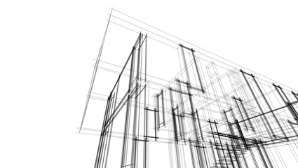 Futuristic Architectural Wireframe. Abstract Modern Building Design in Digital Sketch Style