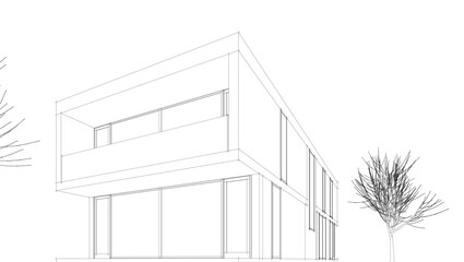 Futuristic Architectural Wireframe. Abstract Modern Building Design in Digital Sketch Style