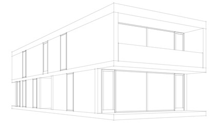 Futuristic Architectural Wireframe. Abstract Modern Building Design in Digital Sketch Style