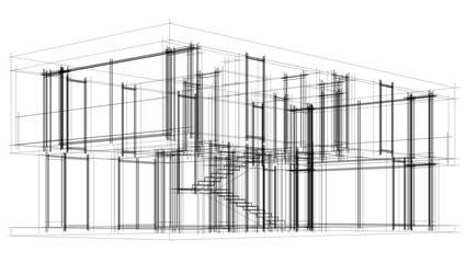 Futuristic Architectural Wireframe. Abstract Modern Building Design in Digital Sketch Style