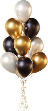 Balloon bouquet in black, gold, and white, isolated on a transparent background. A bunch of realistic balloons for birthday, anniversary, New Year, wedding, corporate, and holiday event designs.