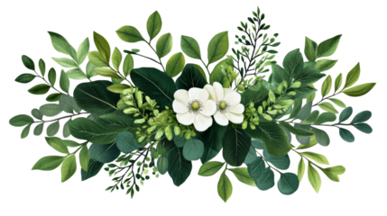 Floral arrangement with white anemones and eucalyptus, cut out transparent