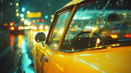 Obraz premium A close-up of a yellow taxi with a driver behind the wheel, city lights reflected in the rearview mirror 