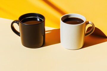 Two coffee mugs, one black and one white, filled with dark liquid, are positioned against a vibrant yellow background.