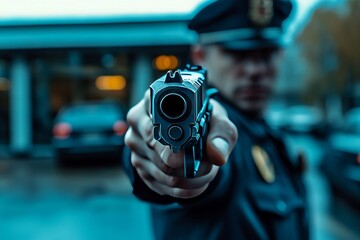 A uniformed police officer aims a pistol at the camera with a blurred police station background