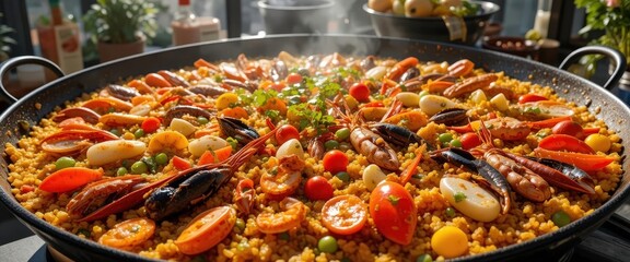  Paella Panorama A Stunning Overview of a Traditional Paella, Showcasing the Abundance and Variety of Ingredients.