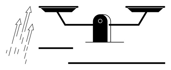 Dual balance scale with arrows rising diagonally, symbolizing growth, equality, progress, and decision-making. Ideal for justice, fairness, evaluation, comparison upward trends balance flat simple
