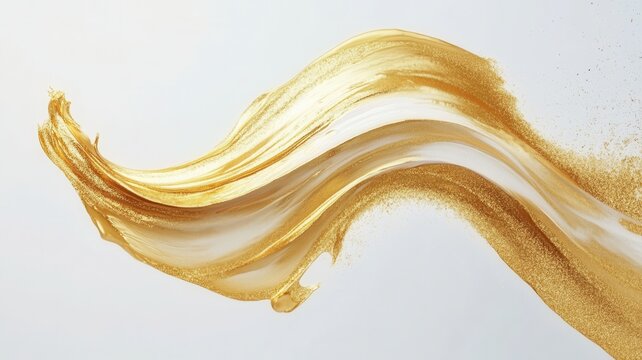 Dynamic interplay of gold and white paint, forming swirling patterns and energetic splashes against a textured backdrop