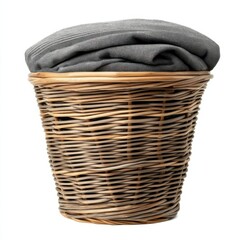 Obraz premium A woven basket holds a neatly folded gray cloth, showcasing a simple yet stylish storage solution for home decor.
