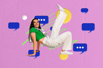 Creative pop collage of young dancer woman with speech bubble on purple background